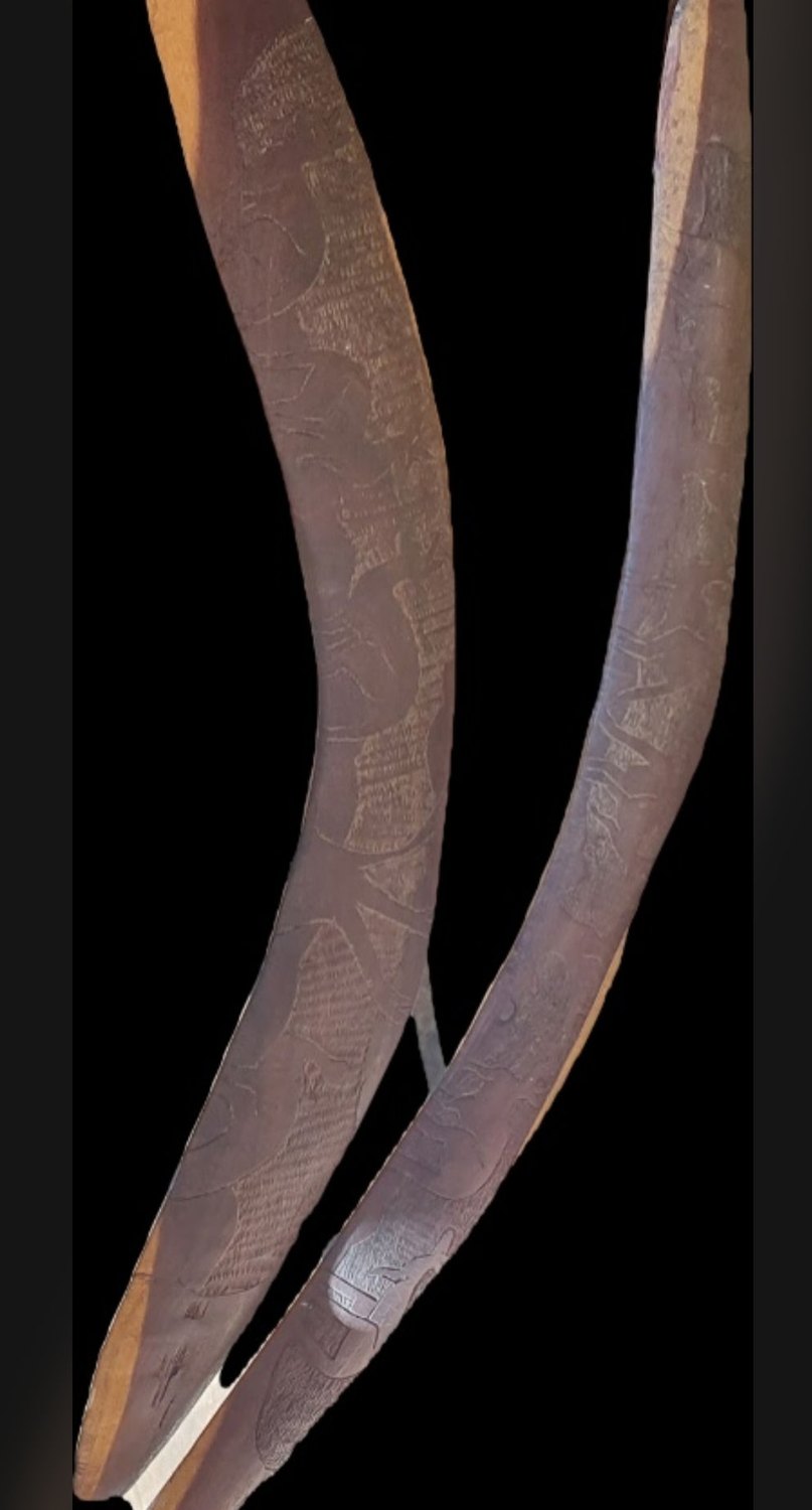 Two dark Brigalow-hardwood hunting boomerangs, non-returning, their surfaces covered in finely incised figures / Două bumerange de vânătoare din lemn de esență tare Brigalow, care nu se întorc, cu suprafețele acoperite de figuri fin incizate