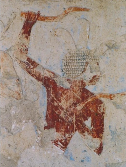 An ancient Egyptian tomb painting of a fowler hurling a curved throwing stick, or non-returning boomerang / O pictură de mormânt din Egiptul antic înfățișând un vânător de păsări care aruncă un băț curbat, un bumerang care nu se întoarce