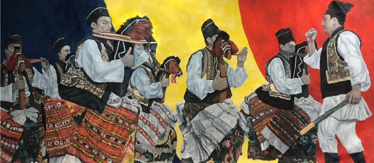 Frank Ts Tan, Romanian Căiuții: young men in white shirts, embroidered vests and black caps, small horse heads at their waists and red-striped skirts, dancing before the blue, yellow and red of the Romanian flag. / Frank Ts Tan, Căiuții românești: tineri în cămăși albe, pieptare brodate și căciuli negre, cu capete mici de cai la brâu, dansând în fața steagului României.