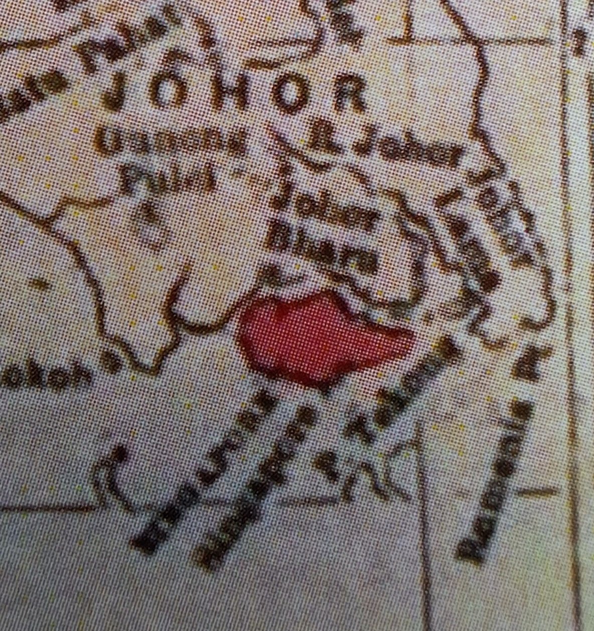 Zoom-in: the Johor tip and Singapore hand-coloured, showing Romania / Ramunia Point
