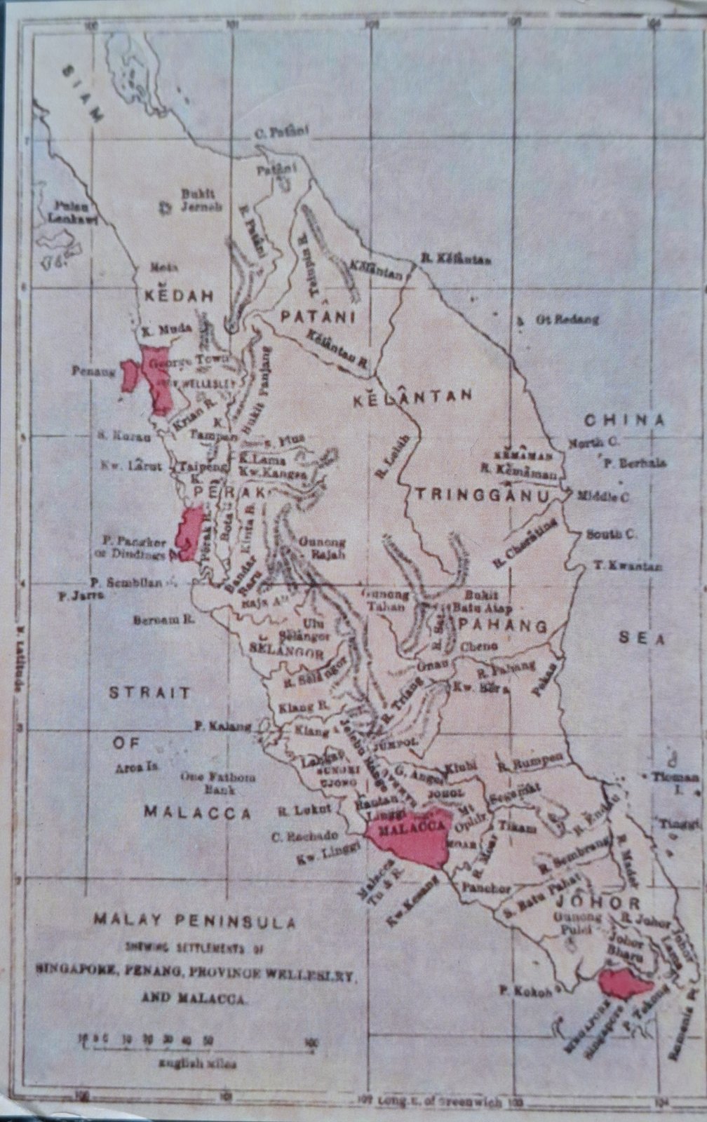 Antique map: Malay Peninsula shewing the settlements of Singapore, Penang, Province Wellesley and Malacca